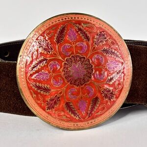 Vintage Boho Enameled Brass Mandala Red Orange Purple Ornate Buckle Suede Belt